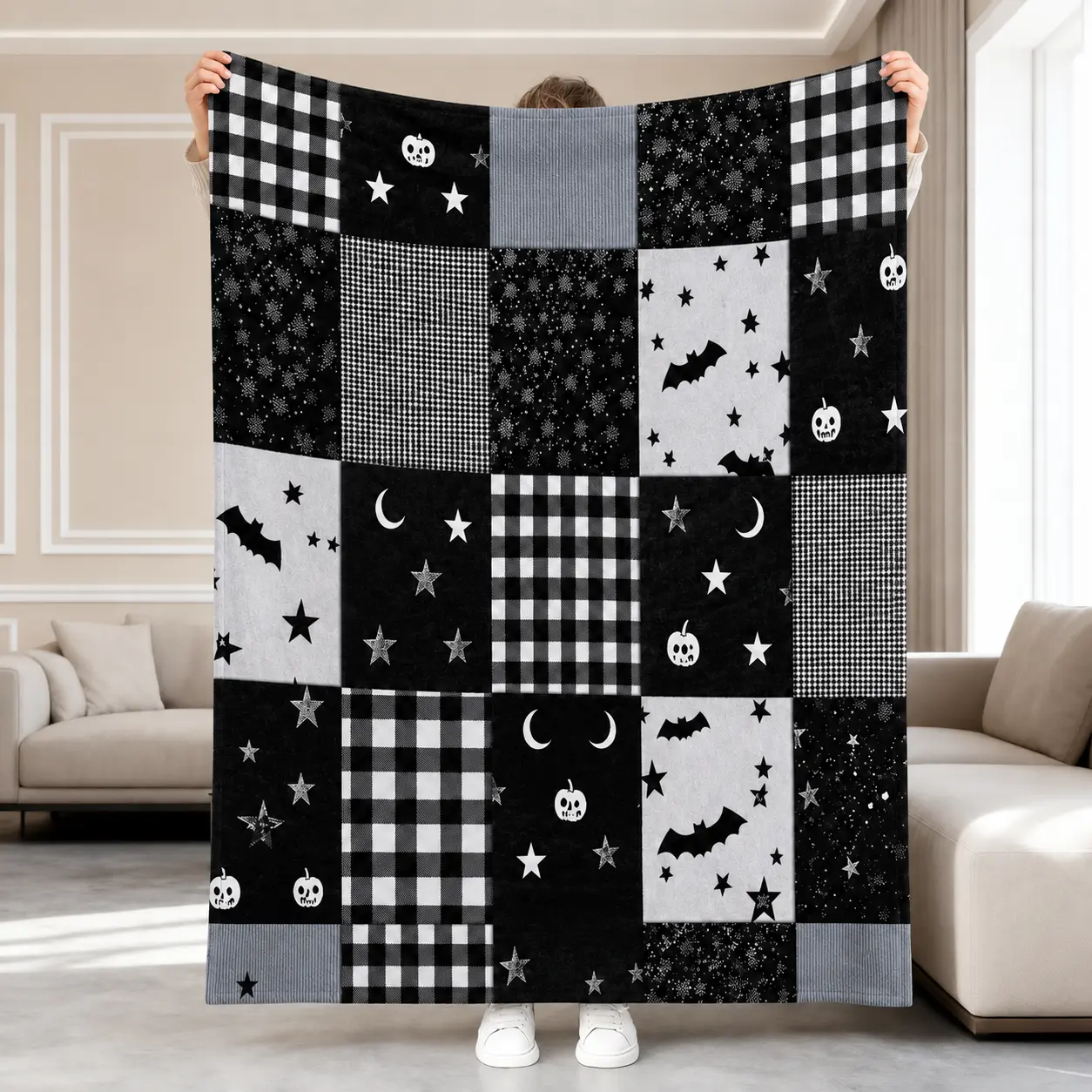 Gothic Black And White Checkered  Flannel Blanket - Soft And Comfortable All-Season Warmth, Vintage Bat And Jack-O'-Lantern Design, Suitable For Sofa, Bed, Travel Use - For Home Decor, Camping