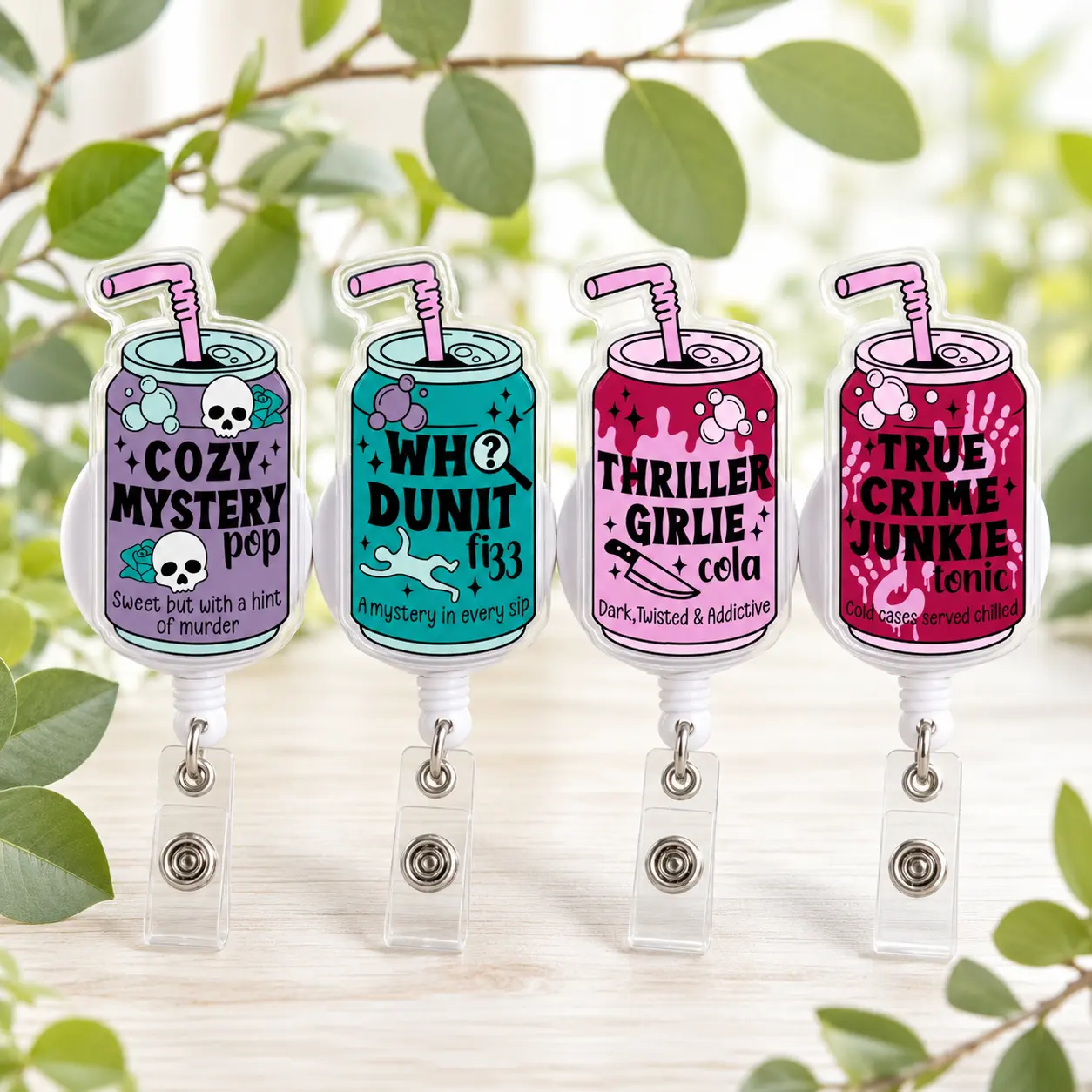Aesthetic 2D Acrylic True Crime Badge Reel Holder, Funny Mystery Soda Can Retractable ID Clip, Nurse