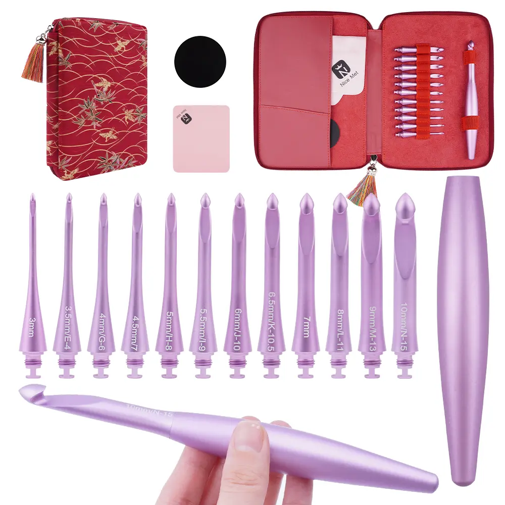 Interchangeable Crochet Hook Set with 12 Hooks – Ergonomic Crochet Hooks Large Handle, US Sizes E-4 to N-15 (3mm–10mm), Smooth & Lightweight, Crochet Kit with Storage Case, PURPLE