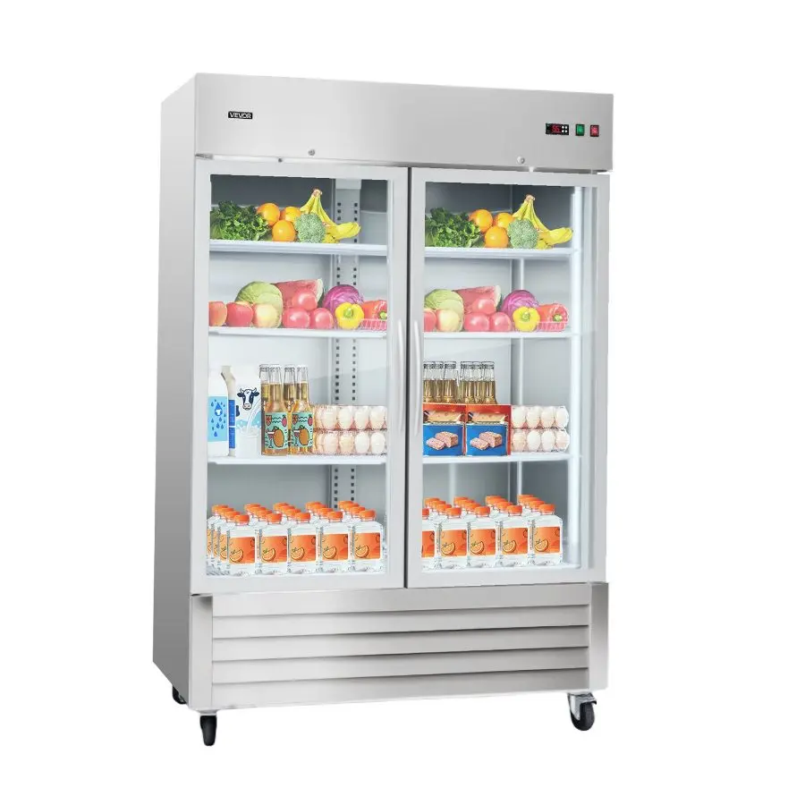 VEVOR Commercial Stainless Steel Reach-In Upright Refrigerator, 32.2in Width Double Glass Door, 43.2 Cu. Ft (1260L) Auto-Defrost, 8 Adjustable Shelves, 32-50°F Temp Range, AC 115V Plug, Temperature Control, 1372x818x2095mm
