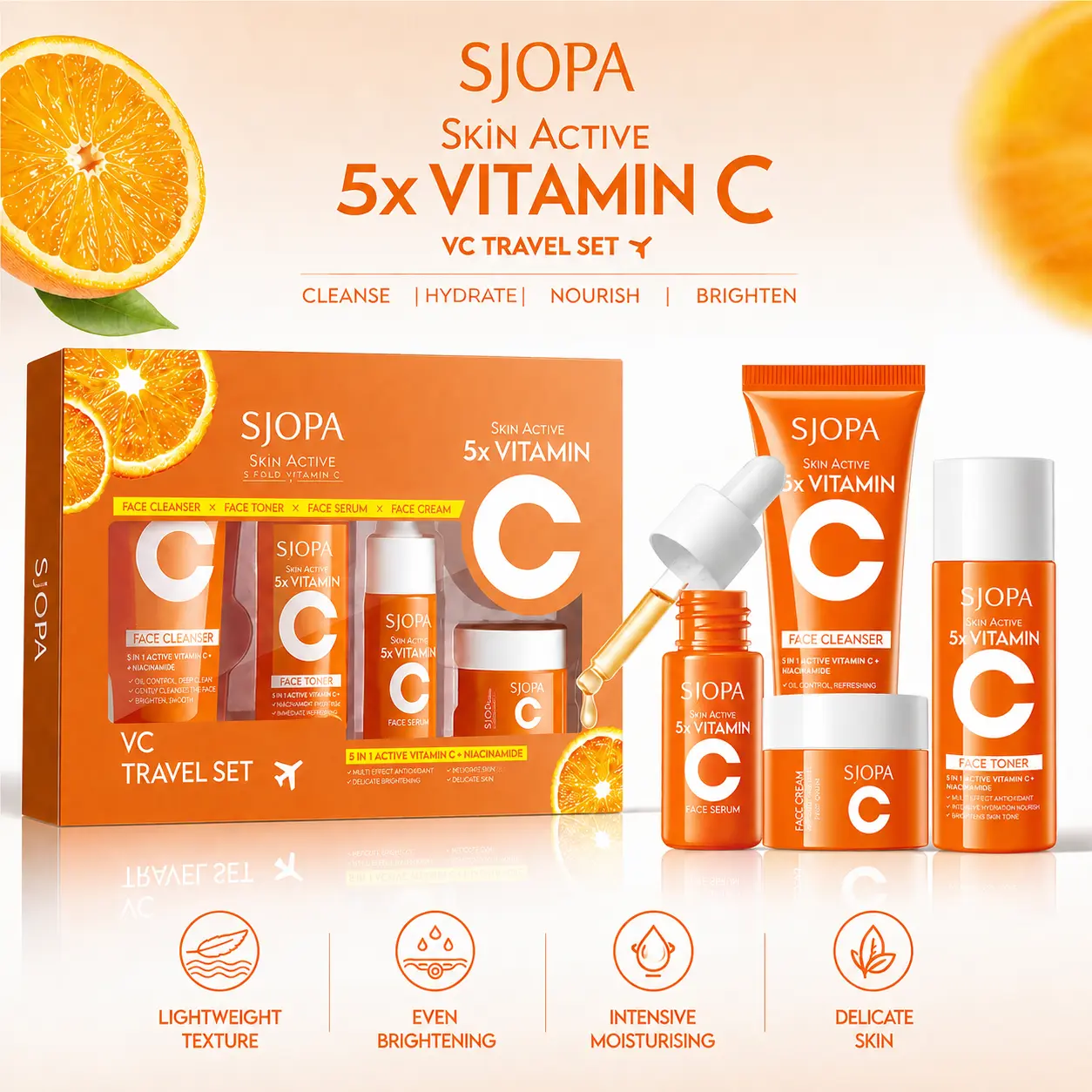 SJOPA Vitamin C Face Care Kit, 4-Step Hydrating Skincare Routine, Includes Cleanser, Toner, Serum & Cream, Travel Size for Adults, Unisex, Hydration, Lightweight And Travel-Friendly, Moisturizer, Facial Cleanser, Cleansing, Daily, Moisturizing, Set, Face,