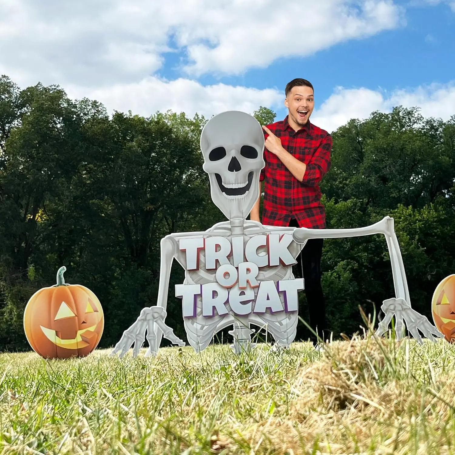 Giant Skeleton Yard Sign Set, 5FT Halloween Skeleton Moves with the Wind, 7 Pieces Includes Stakes 2D Skeleton Made of Yard Sign Material