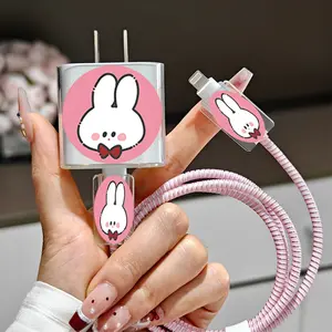 5pcs Cute Cartoon Bunny with Pink Round Background and Red Bow Tie Charger Cable Protector for iPhone 16 15 14 13 12 11 Pro Max, Compatible with Apple 20W/18W Charger and Phone Cable, Anti-Break, Anti-Wear, Gift for Boyfriend/Girlfriend, Tech Gift