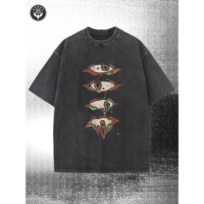 Valentine's Day couple's vintage washed print T-shirt, with eye pattern embroidery, round neck, short sleeves, loose fit, and straight hem pattern design
