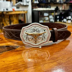 LONGHORN WESTERN BUCKLE PINK RHINESTONES