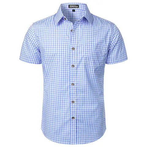 ZEROYAA Men's Regular Fit Cotton Textured Plaid Short Sleeve Button-Down Shirt with Pocket Strap - Top for Work, Date, Boyfriend Occasions,sohochic