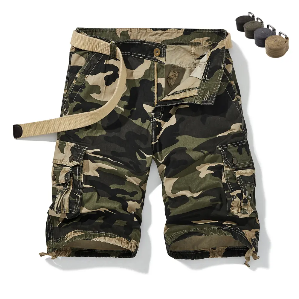 Men’s camouflage cargo shorts — casual camouflage work shorts with belt and multiple pockets, distressed hem, suitable for summer outdoor activities Stylish shorts for the summer shorts for summer men shorts jorts for men shorts para hombre