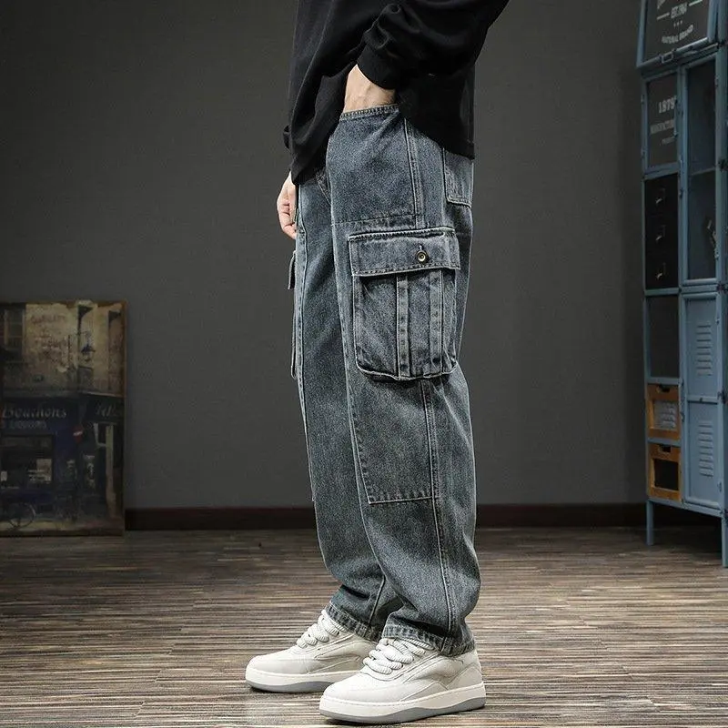 Men's Wide-Leg Cargo Jeans with Relaxed Fit - Perfect for Any Season - Fashion, Pocket Menswear Casual Stylish Tops Trouser Pants Men's Wide-Leg Beige Plain