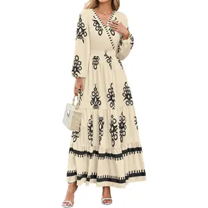 Women's 2025 Fall Wedding Guest Dresses Boho Floral Long Sleeve V Neck Flowy Elegant Maxi Dress Beach Clothes
