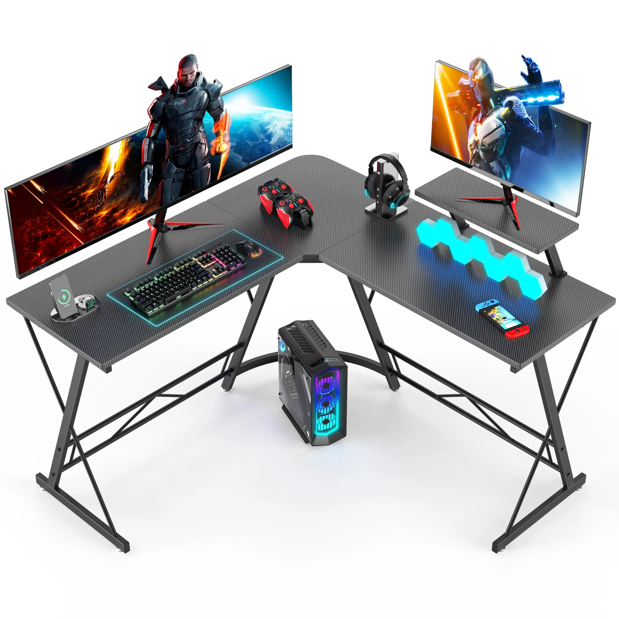 Mr IRONSTONE L Shaped Computer Desk, Corner Desk, Home Office Desk, Gaming Writing Workstation with Large Monitor Stand, Easy to Assemble, Black Willow