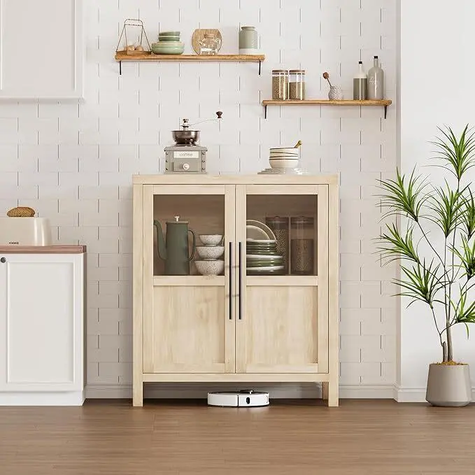 Narrow Modern Farmhouse Rectangular Engineered Wood Accent Cabinet - Single Unit (Pear Wood Grain), 2 Doors, 28.74x15.75x33.86 inches, Compact, Sturdy Base, Waterproof Top, 200lbs Capacity, Assembly Required, Kitchen/Living Room Indoor Storage Furniture