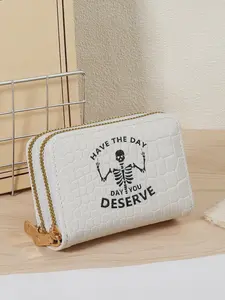 Women's Fashionable Letter & Skeleton Print Zipper Short Wallet, Casual PU Leather Card ID Holder, Multi Card Slot Wallet for Outdoor Travel & Back to School, Cardholder, Card Bag