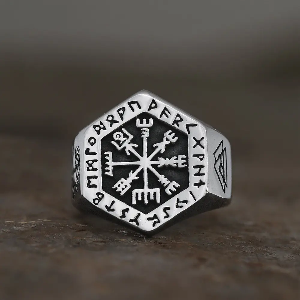 GTHIC 22.6x19.9mm Stainless Steel Viking Design Ring, Valknut Runes, Vegvisir Compass - Unisex Adults' Daily Wear Birthday Gift Jewelry Accessory