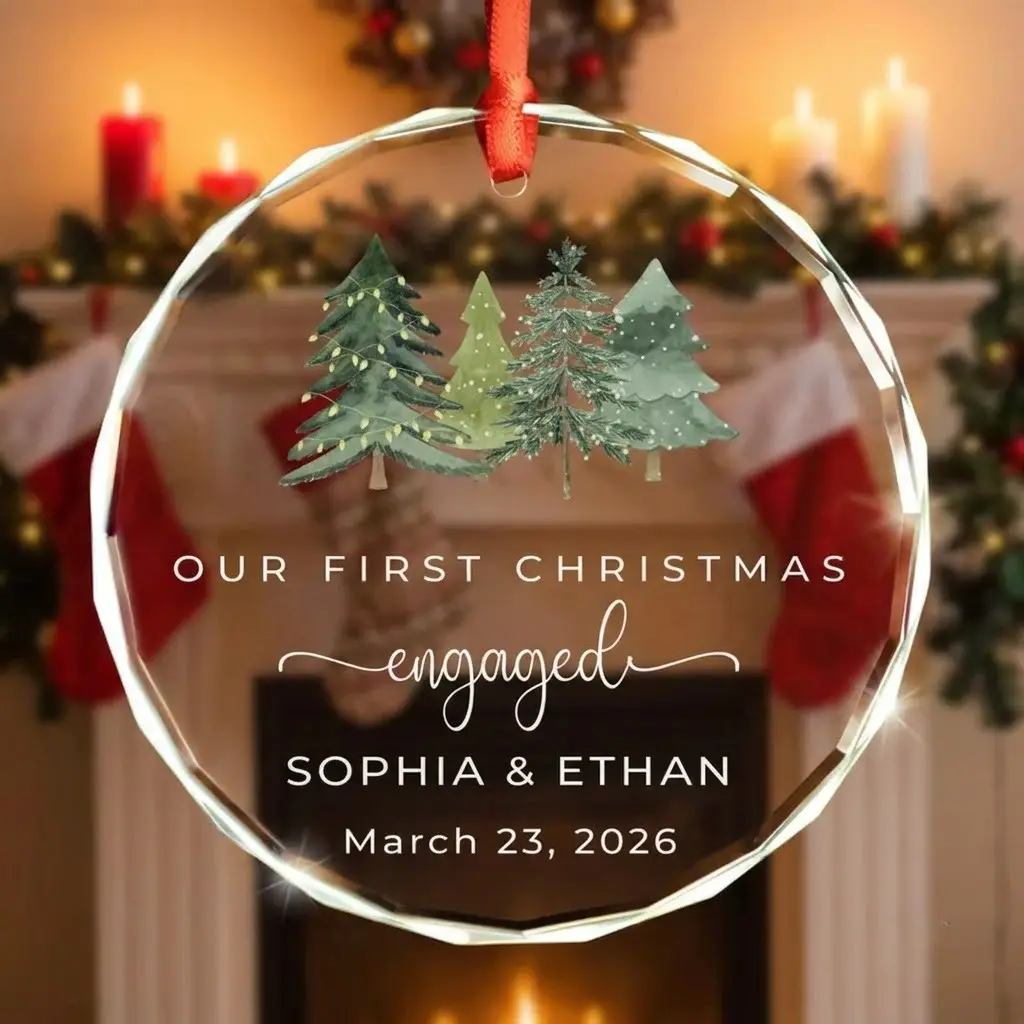 Personalized Engaged Christmas Ornament 2026, Custom Crystal First Christmas Engaged Ornament for Couples, Clear Glass Custom Names & Date Holiday Keepsake Gift for Newly Engaged, Xmas Tree Decor, 3-Inch Circle