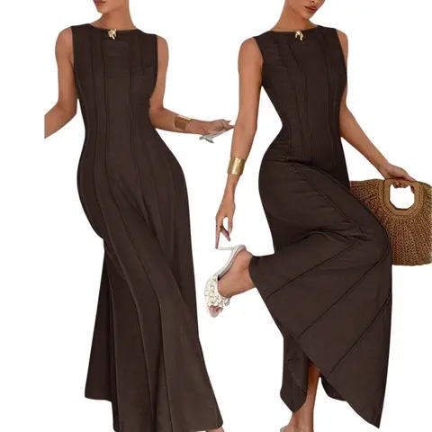 Women's Elegant Minimalist Sleeveless Slim Fit A-Line Midi Dress, Womenswear, Elegant Party Apparel, Summer Casual Party Wear, Lightweight Woven Pleated & Comfortable Design, Perfect for Daily, Chic Elegant Dress