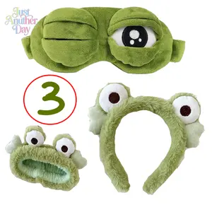 3-Piece Set: Cartoon "Sad Frog" Headband, Super Cute Frog Eye Mask & Hair Tie — Student Headwear & Hair Accessories | Women's Face-Washing Headband