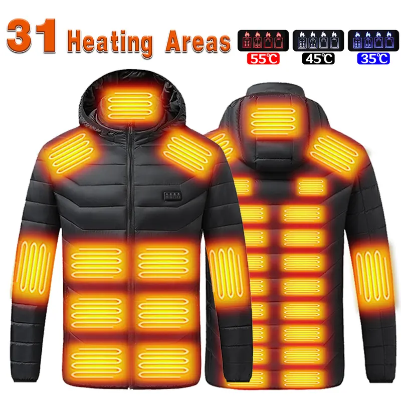 31 Heating Areas Heated Jacket for Men Women, 4 Independent Heating Zone Switches and 3 Adjustable Heat Levels, Full Body Electric Heated Winter Coat, USB Powered Thermal Jacket for Hunting, Fishing, Hiking, Camping and Outdoor Work.