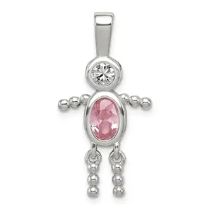 Sterling Silver Rhodium-Plated October Pink CZ Boy Pendant by Sophia Jewelers