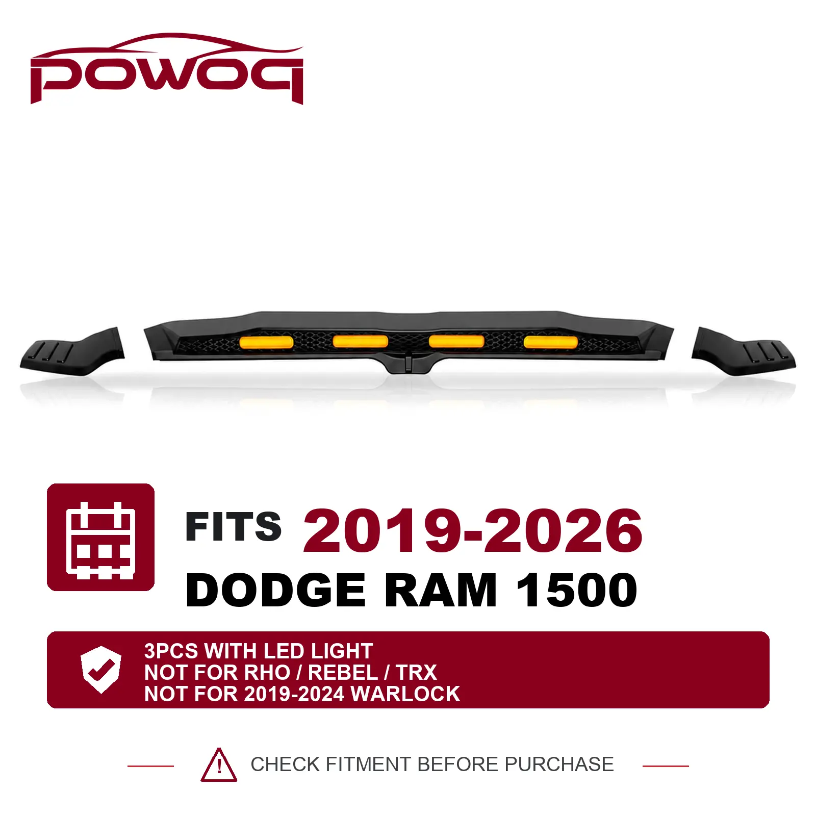 [Fits 19-26 RAM 1500] Hood Protector with LED Light Compatible with 2019-2026 Dodge RAM 1500 Lightshield Glossy Black Hood Deflector Replacement for 2019-2026 Dodge RAM Accessories