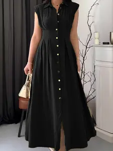 Women's Summer V-Neck Sleeveless Long Dress, Fitted Slimming Elegant Dress, Casual Plain Pattern, All Seasons Wear
