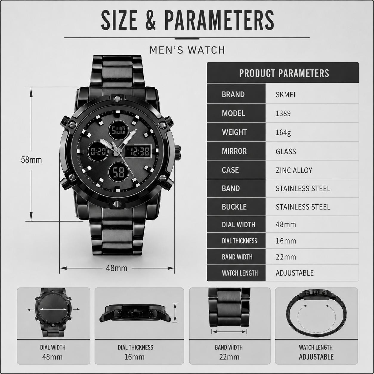 SKMEI Men's Casual Digital Quartz Watch, 48mm Big Face Analog-Digital Display with Stainless Steel Band, 30M Waterproof, Stopwatch, and Backlight, Casual Watch detail 5