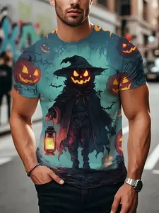 Men's Plus-Size Oversized Halloween T-Shirt - Spooky Gothic Witch, Jack-O'-Lantern & Haunted House Print, Short Sleeve Crewneck, Machine Washable, Casual & Party Wear for Adults, Summer Costume or Everyday Outfit (Bold Random Pattern, Comfortable Round Ne