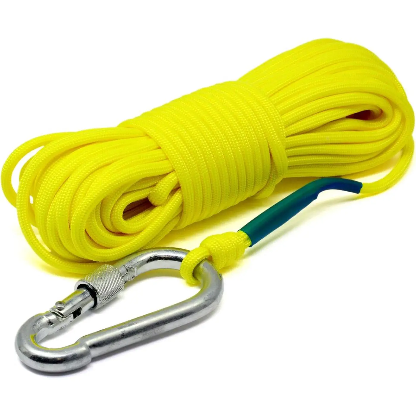 - Yellow 50-Foot Magnet Fishing Rope with Carabiner | 550-Pound Tensile Strength, Braided, Polyester Paracord | Camping, DIY Project, Hoisting, Lifting, Pulling