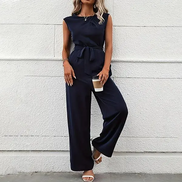Women's Elegant Fitted Polyester Overalls - Sleeveless Round Neck, Adjustable Belted High Waist, Straight Wide-Leg Trousers, Premium Fabric for Elegance, Jumpsuit, Pants, Classic, High Waisted, Style, Minimalist, Basic, Outdoors, Straight Pants, Holiday,,