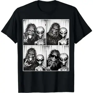 100%25 Cotton Funny Photobooth Photo Sasquatch UFO Bigfoot And Alien T-Shirt.