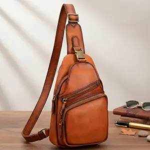 Vintage Leather Sling Bag for Men – Crossbody Chest Bag with Multi Zipper Pockets, Everyday Travel EDC Backpack