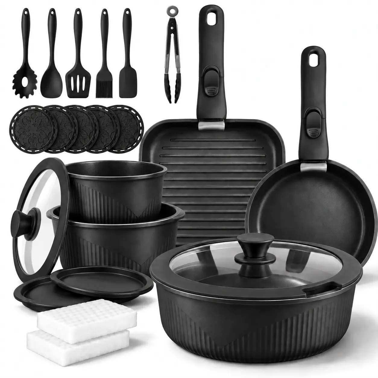 24-Piece Lightweight Multi-Size Ceramic Nonstick Pure Aluminum Pots and Pans Set for Home/RV, 2 Detachable Handles, Saute Pan, Saucepans, Lids, Utensils, Stackable Space-Saving, Induction, Oven & Dishwasher Safe, Easy-Clean Silicone Coating