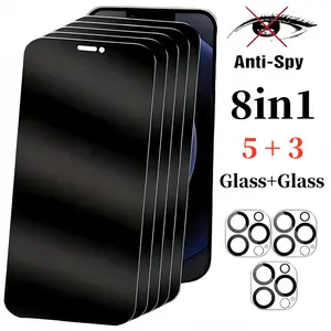 5Pcs+3Pcs 8in1 Privacy Screen Protector for iPhone 16E 16 15 14 13 17 Air Pro Max Plus with 3-piece Camera Lens Protector Set Anti Spy Tempered Glass Film 9H Hardness Case Friendly Protection