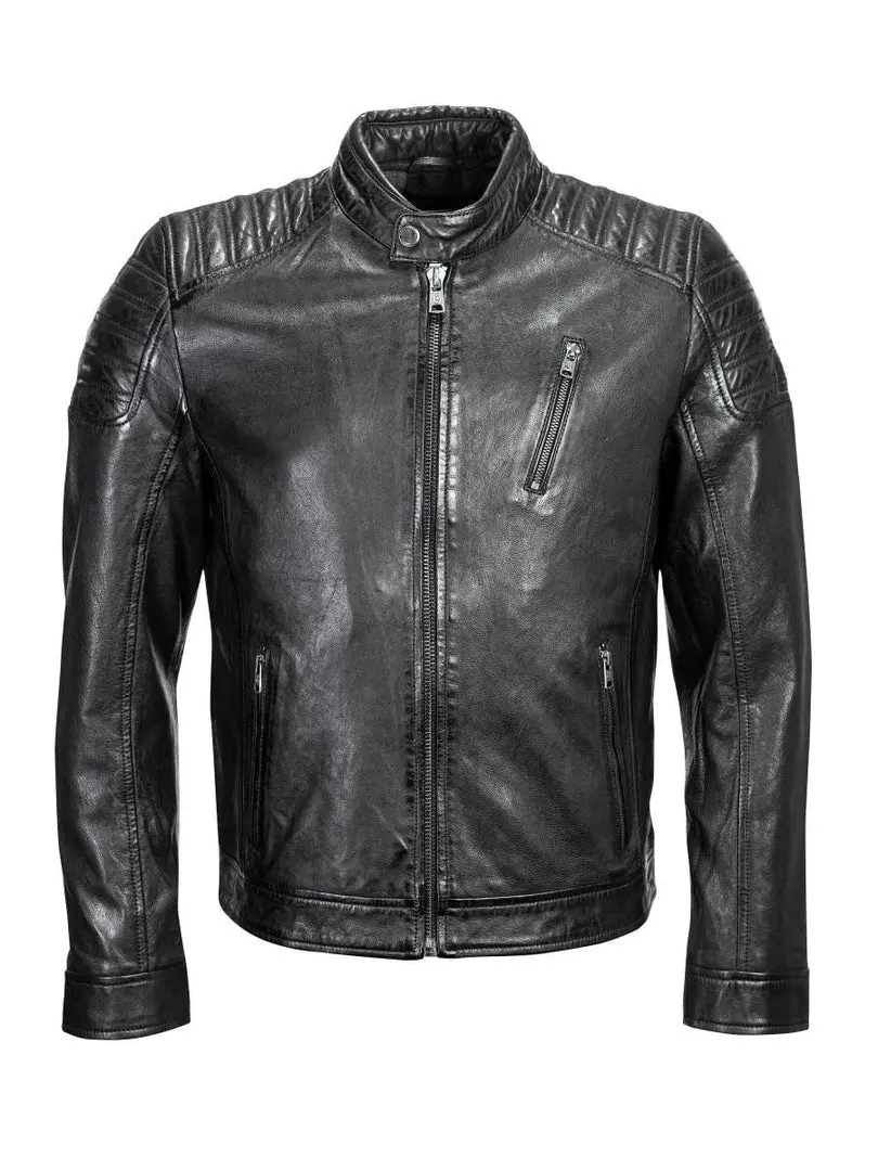 Men's Vegetable-Tanned Sheepskin Leather Jacket, Slim-Fit Biker Tops with Padded Racer Shoulders & Stand-Up Collar, Long Sleeve