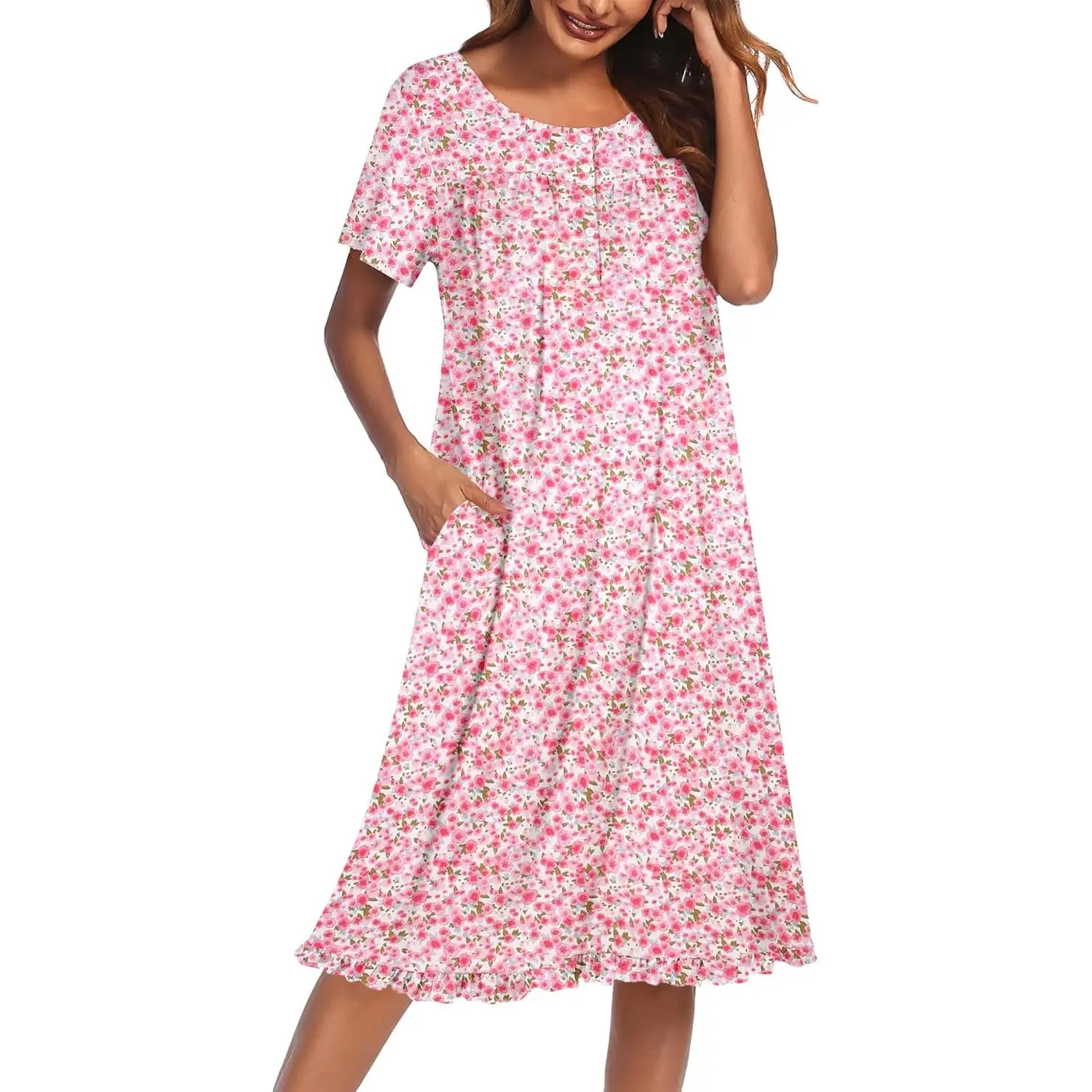 Women's Purple Flower Print Loungewear Nightwear House Dress - Short Sleeve Crew Neck, Button Front, Pockets, Loose-Fitting, Chic XX-Large Light Blue Nightgown