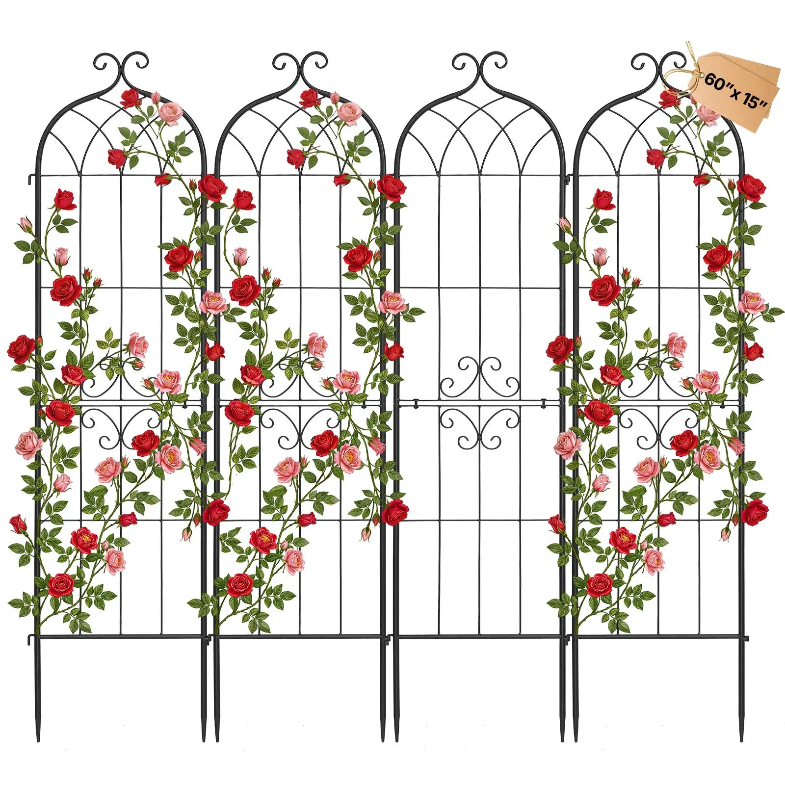 【SummerFinds】VEVOR Garden Trellis, 60 x 15 inch Rose Trellis, 4 Packs Garden Flower Rose Trellises with Powder-Coated Finish & Convenient Locking Design, Plant Support Trellises for Flowers, Vegetables, Roses