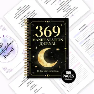 369 Manifestation Diary, black background with gold lines, luxurious notebook that combines the Law of Attraction and Numerology, essential for spiritual healing. It contains 100 pages of scientifically guided exercises, including daily gratitude prompts,