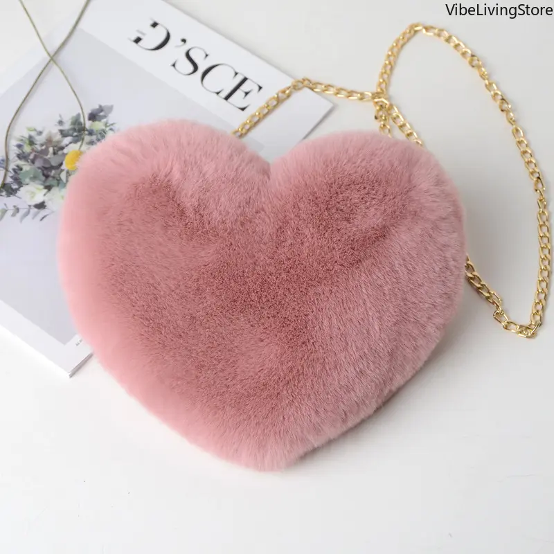 Women's Faux-Fur Heart-Shaped Crossbody Bag - Cute Soft Plush Gold Chain Detail Purse, Mini Elegant Lovely Custom-Shaped Gold-Colored Crossover Handbag for Valentine's Day Gifts, Daily Use, Crossover Women's Handbags, Custom-Shaped Women's Handbags