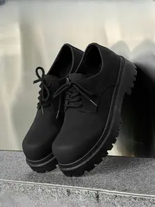 Men's All-Black Platform Lace-Up Casual Leather Shoes, Closed Dark Cool Style, Suede Material + Platform Non-Slip Sole + Lace-Up Design, All-Black Elegant, Unique Style , Ideal for Daily Outfits & Light Street Scenarios, Walking Shoes, Footwear