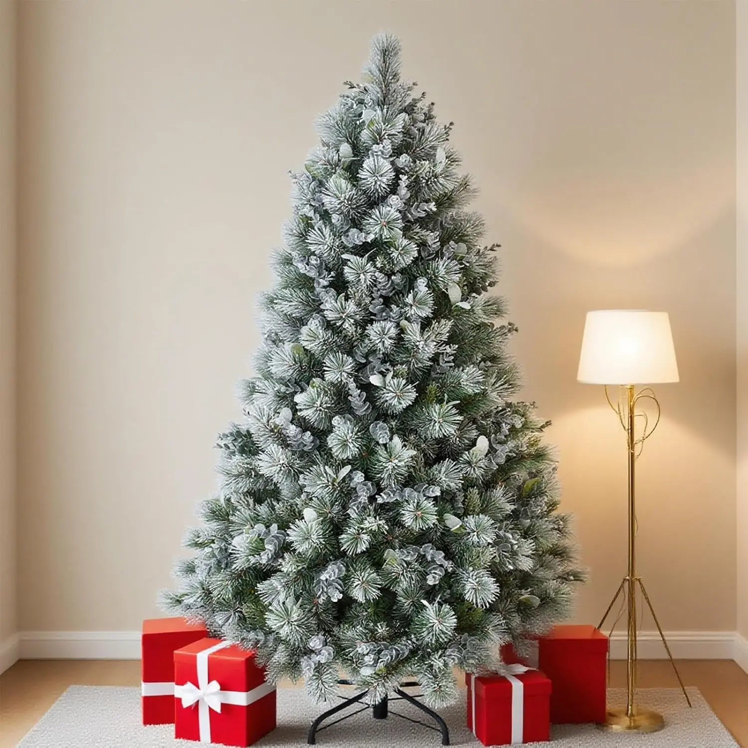 4FT Artificial Christmas Tree, Snow-Flocked Pine Tree with 404 PE & PVC Branch Tips, Full Shape Unlit Xmas Tree for Indoor Home Office Holiday Decoration