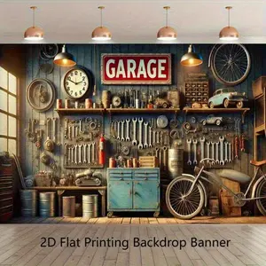 Large Size Automotive Print 2D Flat Banner, 1-Piece 243.84x182.88cm Durable Polyester Garage Wall Hanging Backdrop with Realistic Tool Storage, Vintage Clock & Bicycle Accents, Ideal for Automotive Theme Party Decoration Supplies, Event Decor,summervibes
