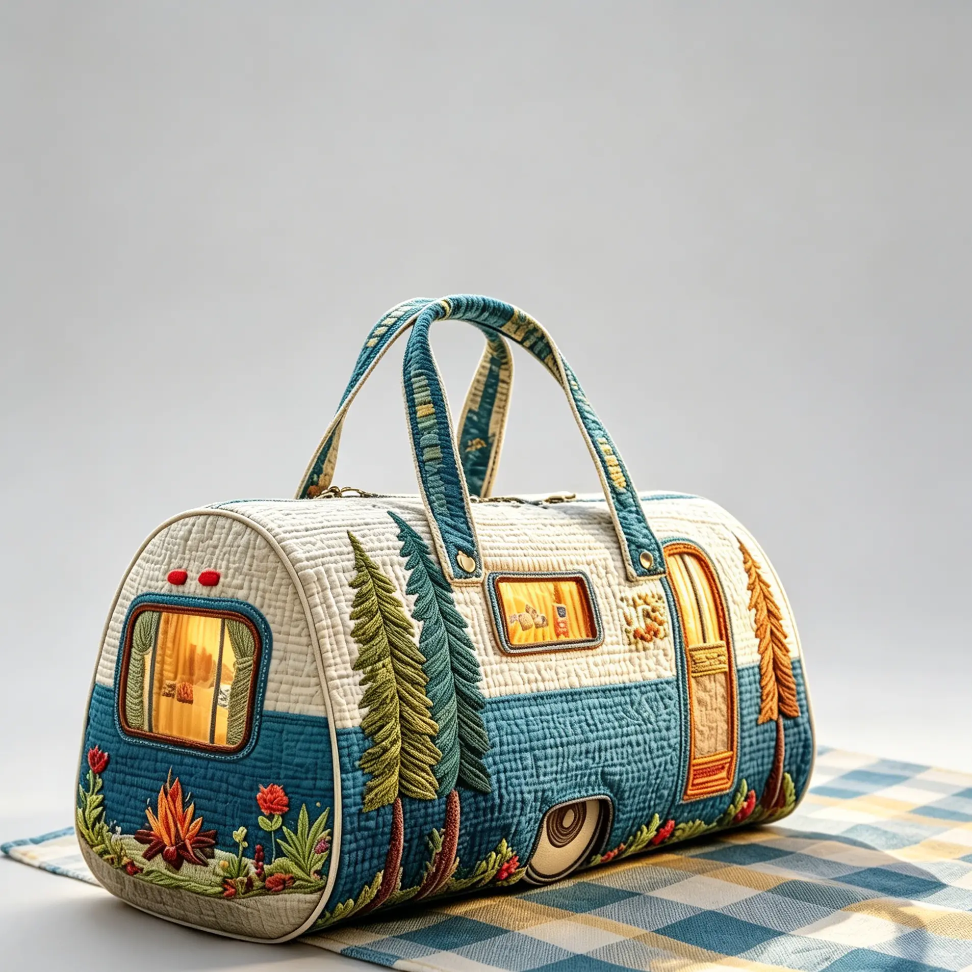 Quilted Cotton Retro 90s Vibe Pine Tree Print Hand-Stitched Duffle Bag - Boho Embroidery, Rich Colors, Hip-Hop Casual Style, 16x8x8 in, Zipper Closure, Tumble Dry Low, Ideal for Overnight Trips, Beach (Home Organizer Storage Bag)
