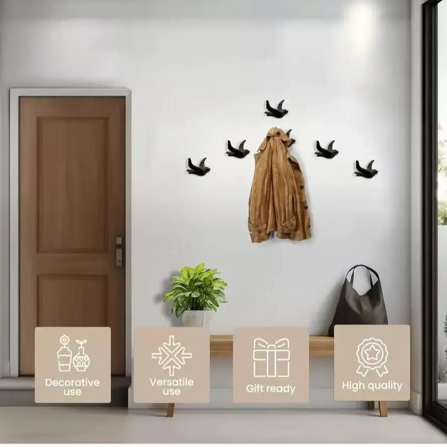 3-Pack 5.5" Vintage Black Cast Iron Bird Wall Hooks - Heavy-Duty Industrial Rustic Hangers with Wall Anchors, Easy Installation for Entryway, Bathroom, Nature-Inspired Decor That Adds Depth and Character, Room Decor