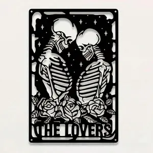 Skull Couple Design Wall Art, Skeleton Design, 1 Count Laser Cut Iron Hanging Decoration, Wall Ornament for Home, Bedroom, Living Room, Restaurant, Yard, Hangable, Artistic, Unique Design, Durable