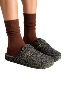 Leopard Print Women's Mule Clogs, Retro Buckle Slip-On Slippers, Soft Footbed Rubber Casual Shoes for All Seasons, Home, Walking & Commuting, Slip On Mules