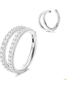 Minimalist 1 Pc Silvery 16G Septum Clicker Piercing Ring for Women Men Surgical Grade Steel Glittering 3A Zirconia Double Hollow Layered Structure Slim Stacked Appearance Standard 16G Size Suits Septum Helix Rook Conch Cartilage Daith Tragus Body Piercing