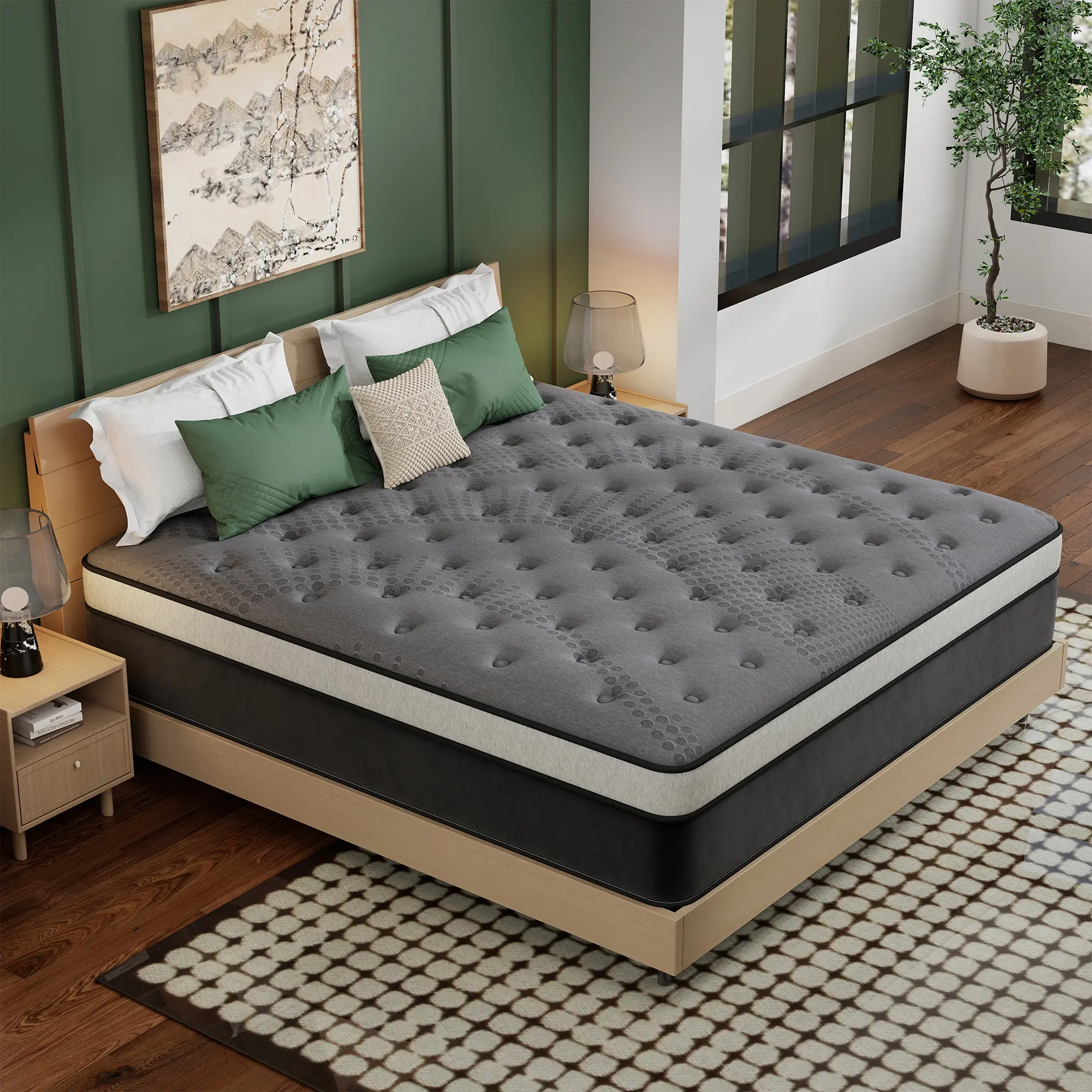 CHEHOON Twin Full Queen King Size Mattress in a Box 12/14 Inch Gray Black Hybrid Mattresses Fiberglass-free Gel Memory Foam & Zoned Support Springs Pressure Relief Breathable Fabric Motion Isolation CertiPUR-US & OEKO-TEX