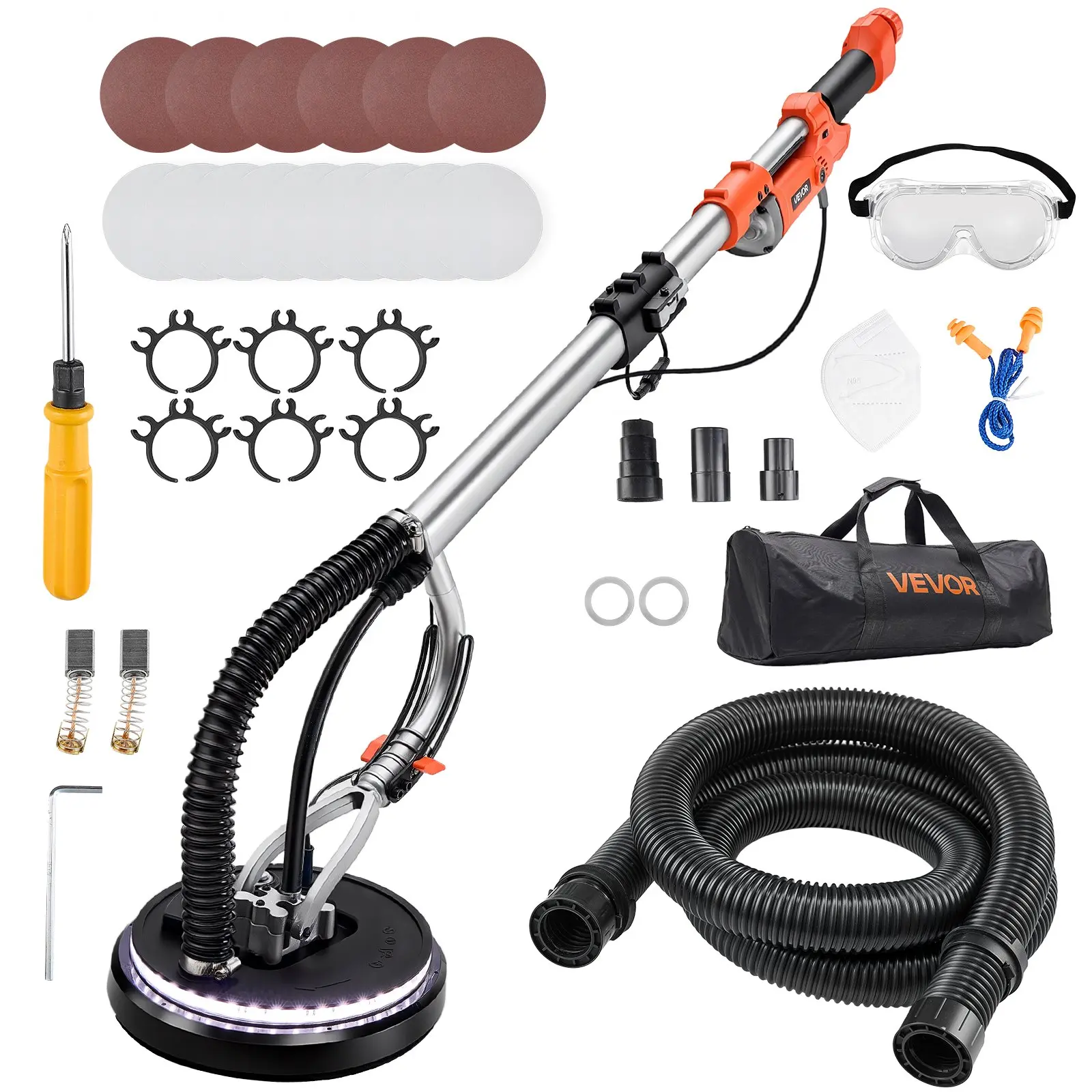 【Summerfinds】VEVOR Heavy Duty Electric Drywall Sander, 1010W Power Tool for Popcorn Ceiling Removal, 7 Variable Speeds (1000-2200 RPM), Double-Deck LED Light, Foldable Extendable Handle, 15 Sanding Discs, Dust Hose Portable Orbital Polisher Tool Box,,, Po