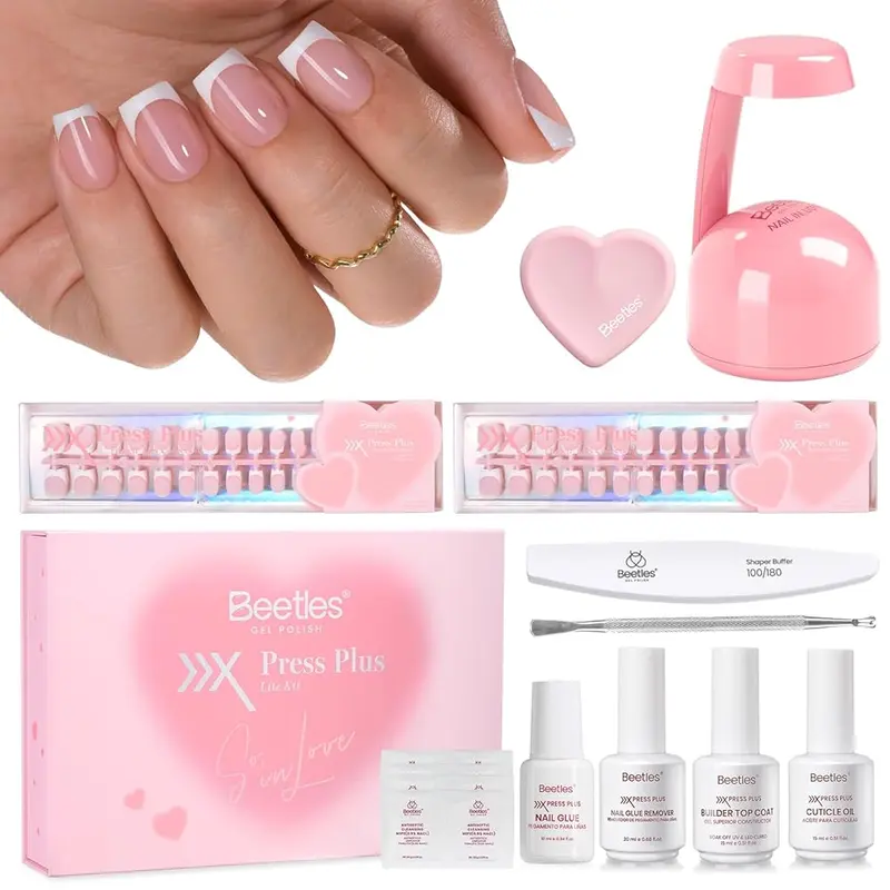 [LIVE ONLY]Beetles Valentine X Press Plus French Press On Nails Tips Kit, French Tip Pink Short Square Shape Natural Acrylic Nail Tips for Effortless Beauty & DIY Manicures - Frenchtipnails Spring Nail Valentine Gift Flower