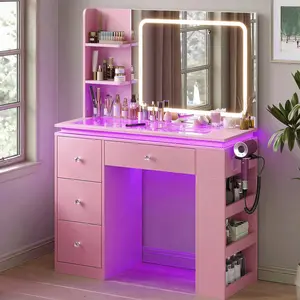 Vanity Desk with Mirror and Lights Transparent Top RGB Drawers Adjustable Brightness Power Outlet Side Storage White Makeup Table Vanity Set Dressing Table Vanity Furniture Vanity with Lights Modern Vanity Girls Vanity Bedroom Vanity tiktokshopspringglowu