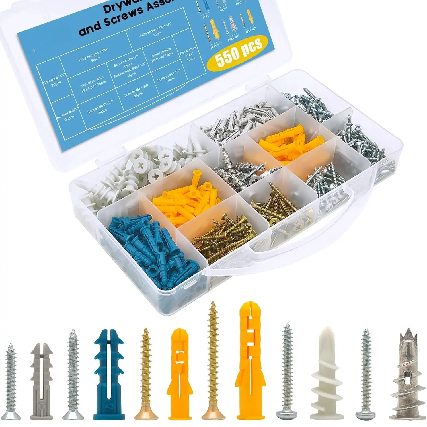 550 count Drywall Anchors and Screws Kit,275 Plastic & Heavy Duty Zinc Self-Drilling Anchors and 275 Flat  Screws,Multiple Sizes Anchors for Drywall Hanging and Mounting